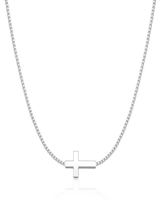 Rotnso Cross Necklace for Women Silver Plated Dainty Small Sideways Cross Pendant Choker Simple Trendy Cute Cross Charm Box Chain Necklace Easter Basket Stuffers Baptism Religious Faith Jewelry Gift - Image 1